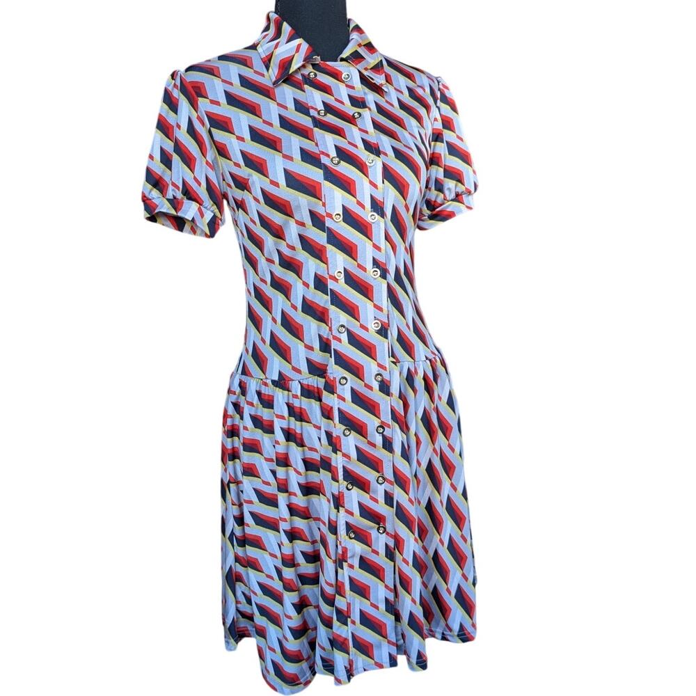 Geometric Collared Shirt Dress Drop Waist Size Medium Vintage 70s Japanese